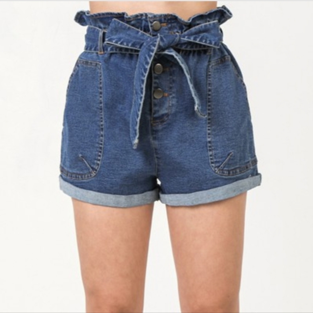 Paper Bag Denim Cuffed Shorts - Picture 2 of 5